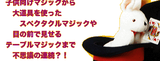 子供向けマジックから、大道具を使ったスペクタクルマジックや、目の前で見せるテーブルマジックまで不思議の連続？！